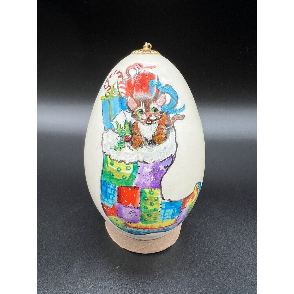 Hand Painted 4” Christmas Egg Ornament Cat w Presents in Stocking Signed